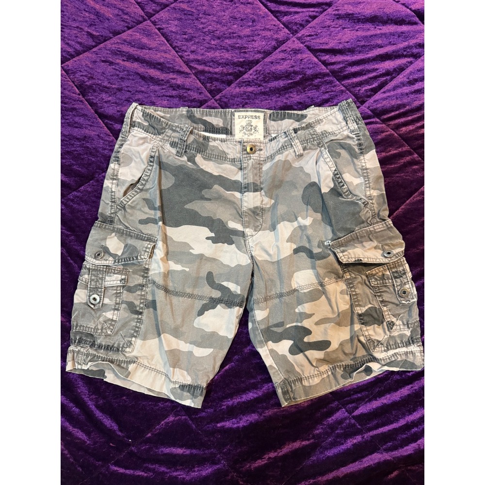 Express Mens 34 Camo Cargo Shorts Y2K Baggy Military Utility Streetwear Grey
